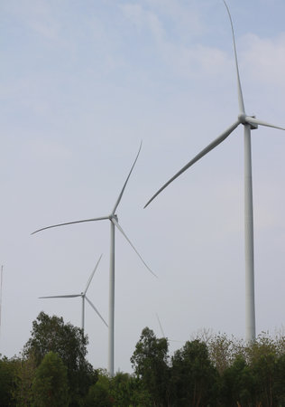 wind turbine in the field, closeup of photo with soft focus