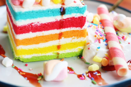 Rainbow cake with cream and candy on white plate, stock photoの写真素材