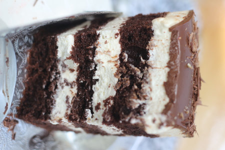 Close up of chocolate cake with vanilla cream. Selective focus.