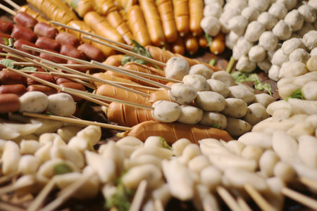 sausages on skewers and vegetables in a street food market