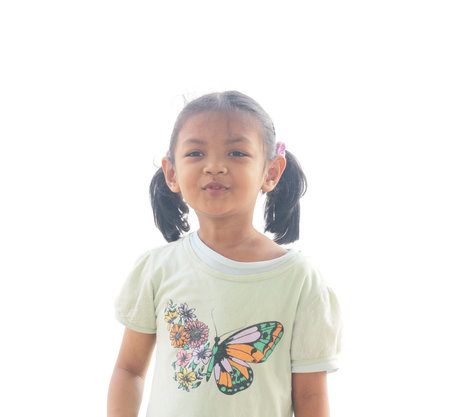 Cute asian little girl with butterfly on white background isolated.