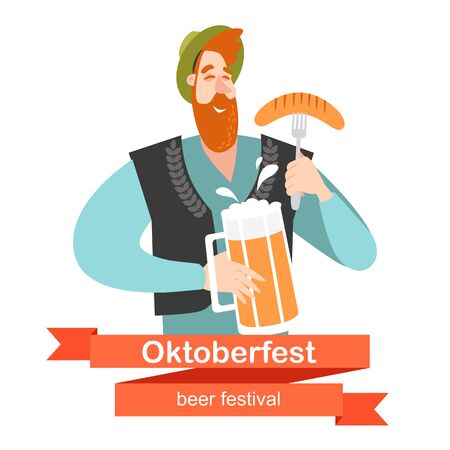 Oktoberfest banner with funny cartoon character. A guy with a mug of beer and sausage on a white background.のイラスト素材