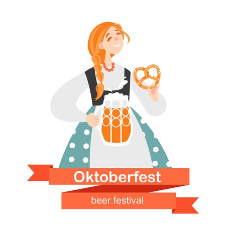 Girl with a beer and pretzel. Oktoberfest banner with funny cartoon character.のイラスト素材