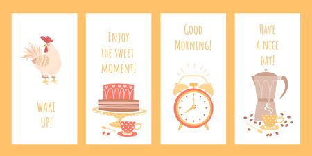 Set of good morning greeting card mockups with a funny rooster, alarm clock and coffee makers. Wake up and enjoy the happy moments of the concept. Vector illustration in a flat style.のイラスト素材