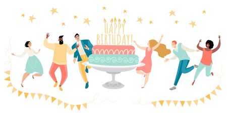 Template birthday greeting card or birthday cover with happy young people, garlands and cake with candles on a white background. Vector image in a flat style.のイラスト素材