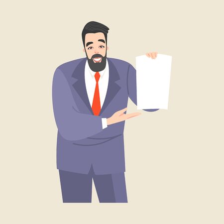 A man shows a blank sheet of paper. Vector illustration of a young businessman for presentation or bannerのイラスト素材