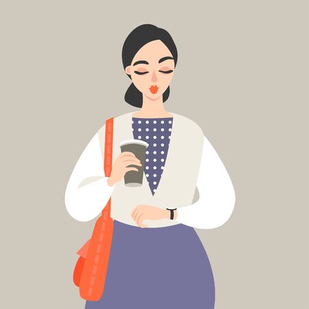 Vector illustration of a girl with a paper cup of coffee rushing to workのイラスト素材