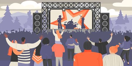 Open air music festival. Vector illustration of rock musicians and crowd of fans outdoors.