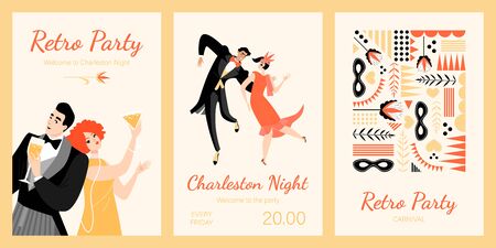 Set of invitation cards to a retro party in the style of the 1920s. Young people drink cocktails and dance in vintage costumes. Art deco decorationのイラスト素材