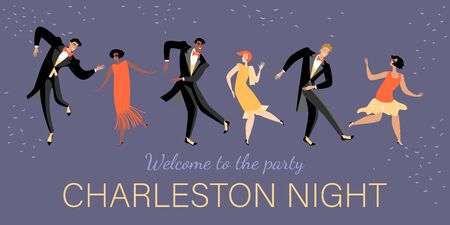 Young people in vintage costumes dance Charleston. 1920s style retro party vector banner