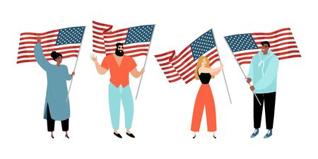 Set of images of young people with American flags in their hands isolated on a white background.
Vector illustration in a flat style.のイラスト素材
