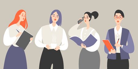 Set of vector illustrations of young secretaries at work with documents and coffeeのイラスト素材