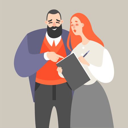 Vector illustration of office life with secretary and boss discussing the problem. People at workのイラスト素材