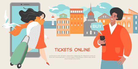 Young people buy tickets online using smartphones. Travel planningのイラスト素材