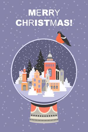 Christmas card with a big glass ball with a winter cityscape inside. Illustration for banner design.のイラスト素材