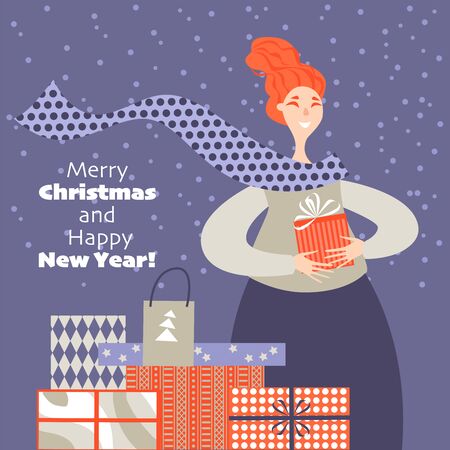 Lovely redhead girl with gifts. Christmas card in cartoon style.のイラスト素材