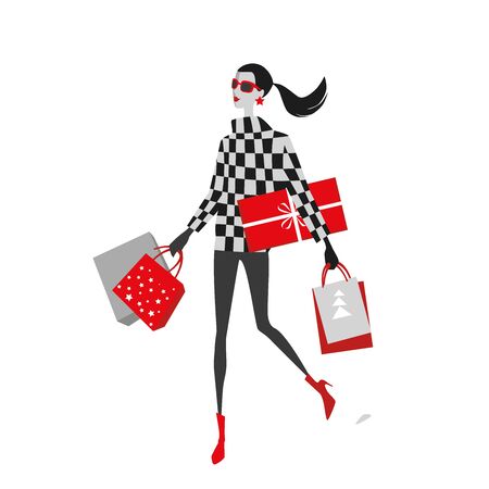 Vector illustration of stylish girls with shopping bags , Christmas sale. Illustration in a flat style.のイラスト素材