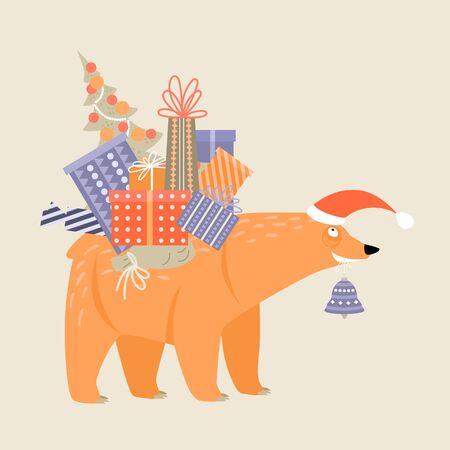 Funny cartoon bear in a Santa Claus hat with gifts on his back and a bell in his teeth. Vector illustration for design of a greeting banner or card.のイラスト素材