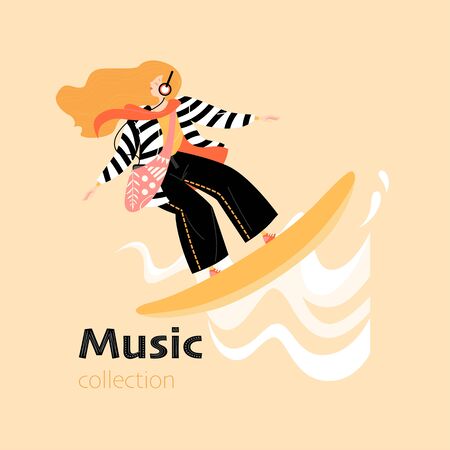The girl on the surfboard with headphones glides along the musical waves. Conceptual image of enjoying music with a cartoon character.のイラスト素材