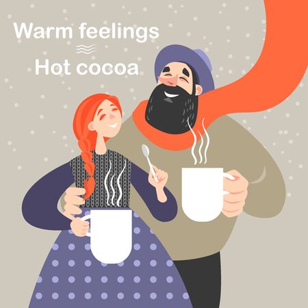 Happy couple drinks hot cocoa from large white mugs on a cold winter dayのイラスト素材
