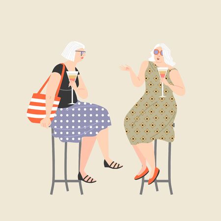 Two old ladies drinking wine and chatting. Cute funny characters. Active lifestyle のイラスト素材