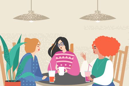 Vector illustration with three cute girls siting in a cafe. のイラスト素材