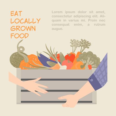 Wooden box with vegetables passed from hand to hand. Buying locally grown foodのイラスト素材