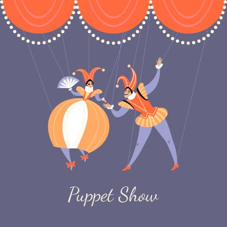 Illustration of a performance in a puppet show. A pair of puppets in traditional Italian theatrical costumes. Vector image in cartoon style.のイラスト素材