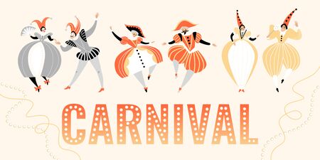 Carnival banner with funny characters in traditional  Italian costumes and headdresses.  Vector illustration in cartoon style.

のイラスト素材