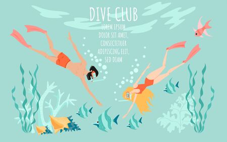 The couple explores the underwater world. Diving club vector banner template with two divers surrounded by fish, algae and coral. Cartoon illustration in a flat style.のイラスト素材