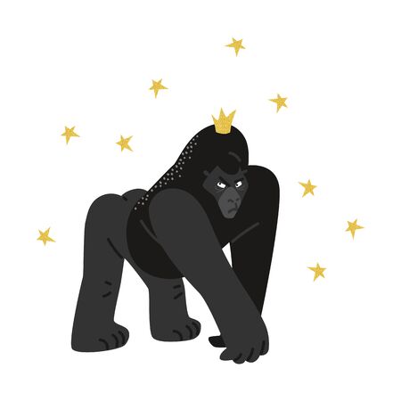 A huge gorilla standing in a menacing pose with a golden crown on its head. Funny cartoon character in a flat style.のイラスト素材