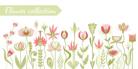 Collection of unusual flowers isolated on a white background. Flat vector illustration.のイラスト素材