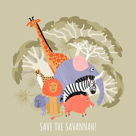 Ilustración de Save savannah eco concept. Vector illustration with african animals and plants. Cartoons in a flat style. - Imagen libre de derechos