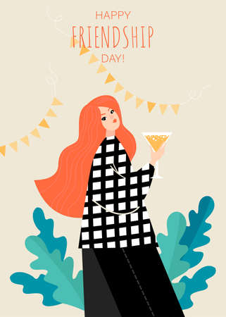 Vector friendship day card with a cute red-haired girl holding a glass of wine in her hand. Cartoon character in a flat style.のイラスト素材