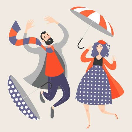 Happy people are jumping and enjoying the autumn day. Vector illustration in cartoon styleのイラスト素材