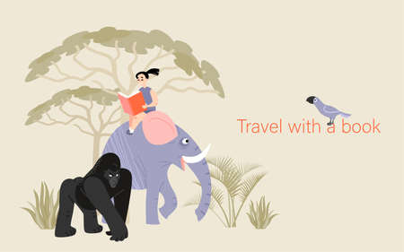Travel with a book concept. Symbolic illustration on the topic of the benefits of reading with a little girl sitting on an elephant surrounded by the jungle. Introducing children to nature. Flat style imageのイラスト素材