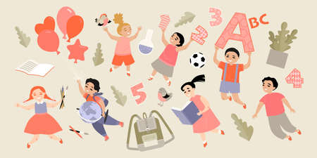 Back to school concept. Set of vector illustrations of children with backpacks, a globe and other school accessories. Flat style imageのイラスト素材