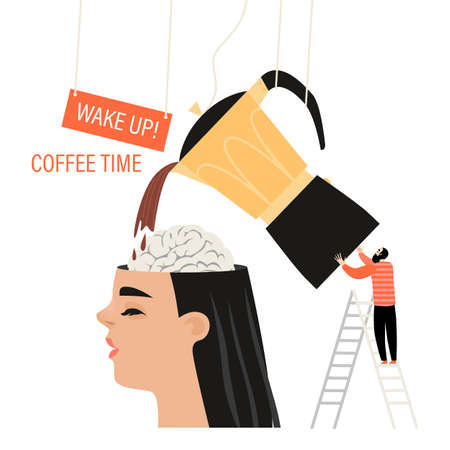 Wake up and coffee time concept. Surrealistic vector illustration with a man pouring coffee into a gigantic head. Isolated cartoon image in a flat style.のイラスト素材