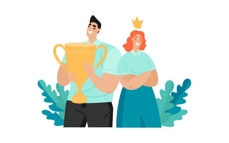 The best employees. Vector illustration of a young man with a golden winner cup and a girl with a crown on his head. Isolated cartoon image in a flat style.のイラスト素材
