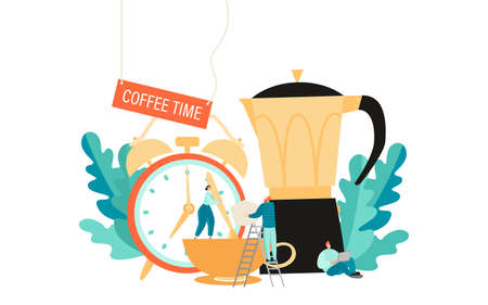 Coffee time concept. Vector illustration of a young office staff on the background of a huge coffee pot and alarm clock. Isolated cartoon image in a flat style.のイラスト素材