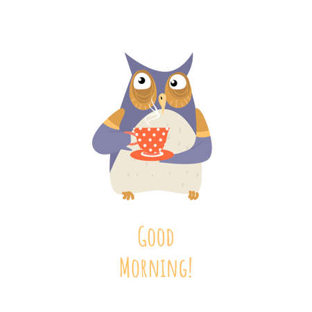 Good morning concept with cute cartoon owl with a cup of coffee isolated on white background. Vector illustration in a flat style.のイラスト素材