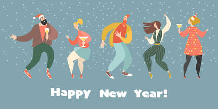 New year greeting card with dancing girls and boys. Happy boy and girl celebrate the coming of the new year togetherのイラスト素材