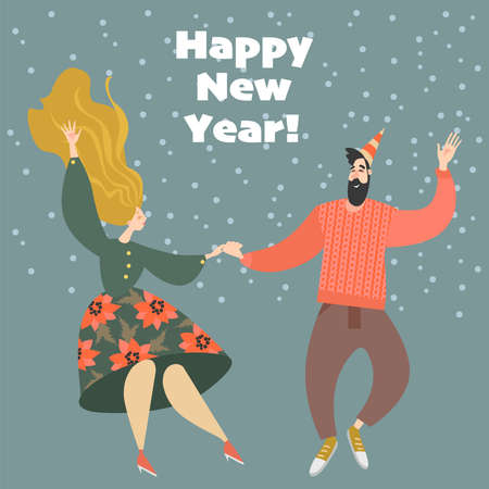 New Year greeting card with funny dancing couple. Cartoon charactersのイラスト素材