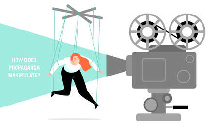 How propaganda manipulates. Conceptual illustration with a puppet girl and a movie projector. The influence of media on public opinion. Image in a flat style.のイラスト素材