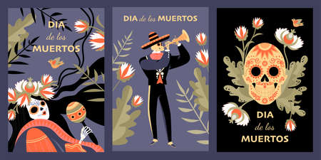 Set of vector cards or banners for the Mexican Day of the Dead with skeletons in traditional...