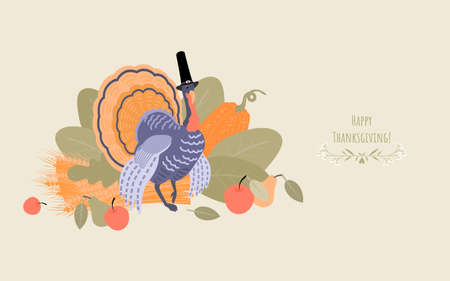 Thanksgiving banner with a turkey wearing a pilgrim hat on a background of plants. Illustration in flat styleのイラスト素材