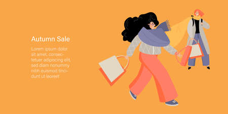 Autumn sale banner with two trendy girls with shopping bags. Cartoon image in flat styleのイラスト素材