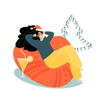 Young woman in a santa hat sitting in a comfortable armchair with a glass of sparkling wine. Cartoon image in flat styleのイラスト素材