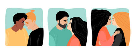 A set of vector illustrations with young couples of different sexual orientations close-up. Vector images in flat styleのイラスト素材