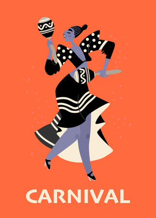 Girl with maracas on a red background. Carnival flyer in flat cartoon styleのイラスト素材